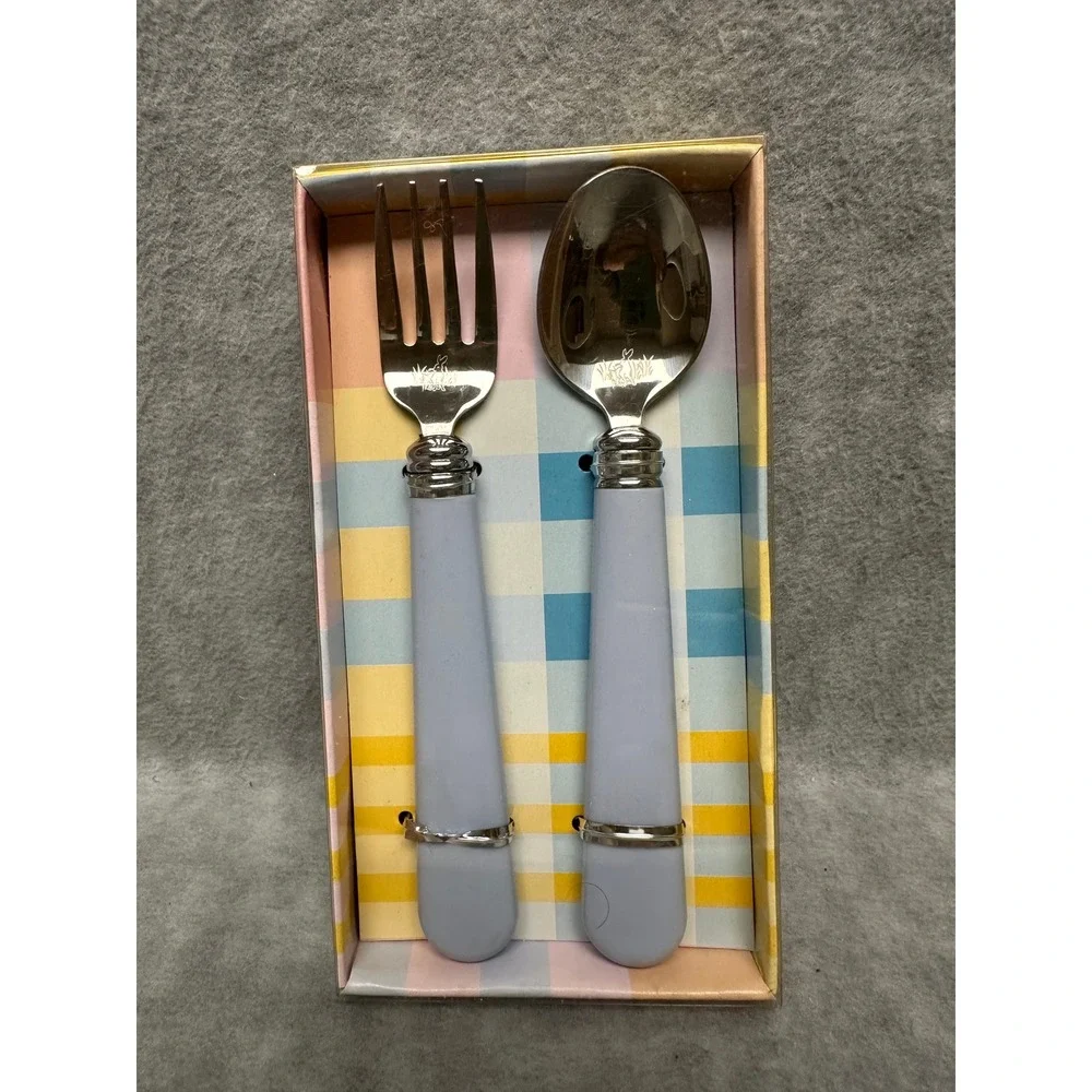 Golden Rabbit Flatware Set‎ Childrens Fork Spoon Pastel Blue Stainless Silver